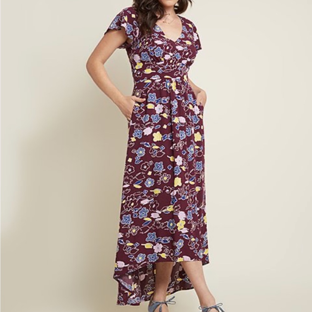 ModCloth Red Purple Wine Color Hi-Low Dress Flower Print V-neck Pockets EUC S